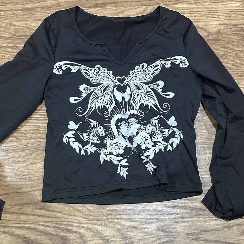 Black Long Sleeve Top with White Floral Design